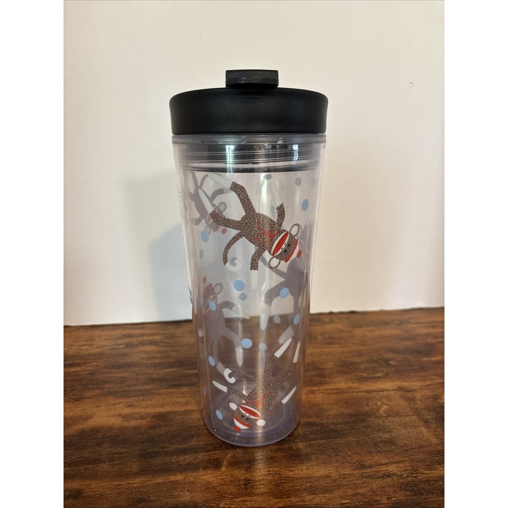 Sock Monkey Blue Polka Dots Tall Insulated Coffee Cup Boston Warehouse